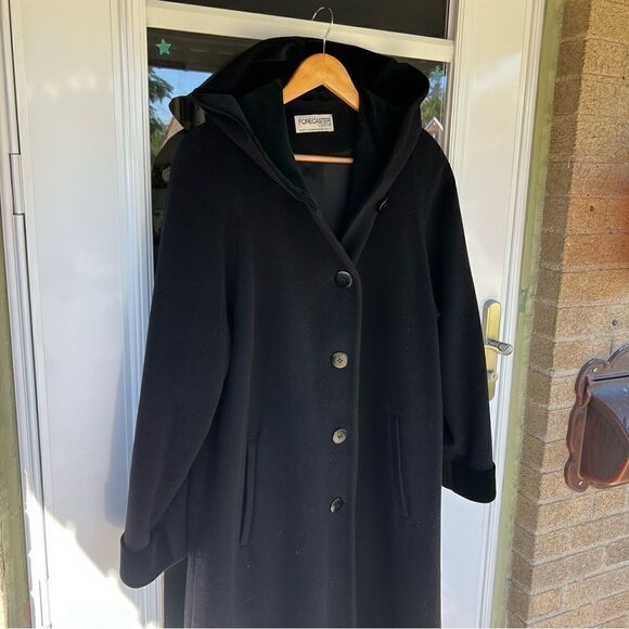 Vintage Black Lambswool Forecaster Velvet Trimed Hooded Long Trench Coat (10) - Picture 12 of 14